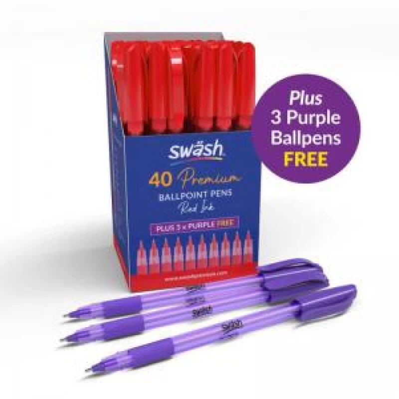 Image of Swash Swash Premium Triangular Medium Tip Ballpoint Pens Red Plus 3 FREE Green Ballpoint Pens (Pack 40+3 FREE) - BBT40RD BBT40RD