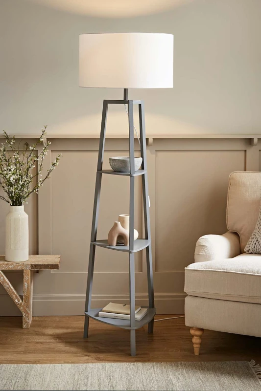 Image of ValueLights Hiru Grey 3 Tier Wooden Shelf Floor Lamp With Large White Shade Grey