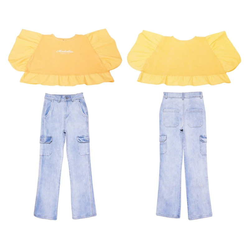 Image of Studio Older Girl Frill T-Shirt and Cargo Jean - Multi Multi 6 - 7 Years