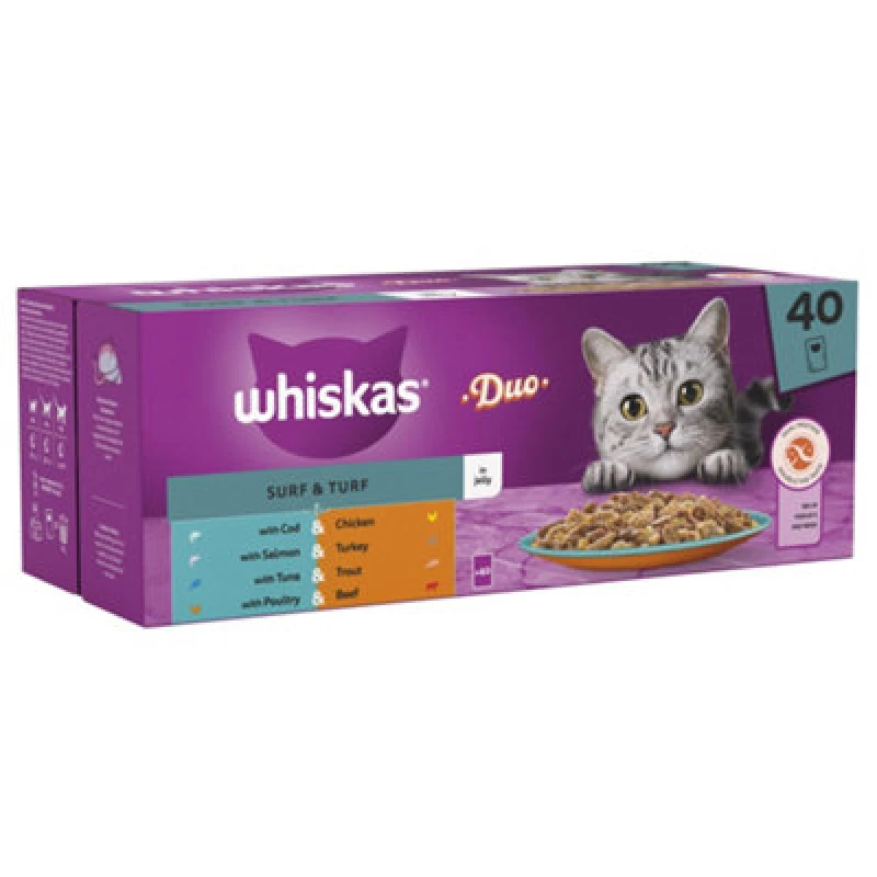 Image of Whiskas 1+ Cat Pouches Duo Surf & Turf In Jelly Cat Food 80 X 85G