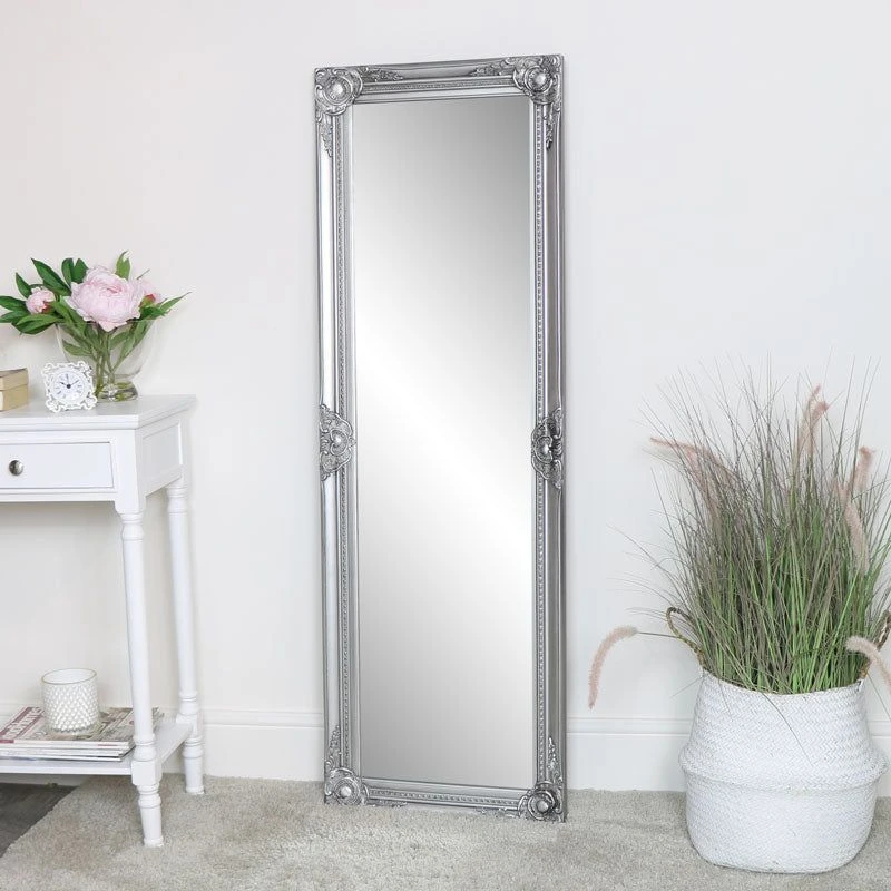 Image of Melody Maison Tall Silver Ornate Bevelled Mirror 47cm X 142cm Silver
