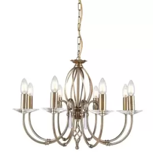 Image of 8 Bulb Chandelier Cut Glass Droplets Central Curved Stem Aged Brass LED E14 60W