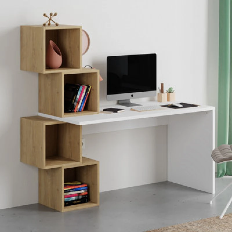 Image of Decortie Balance Modern Desk White, Oak With Shelves 153.5(W)Cm