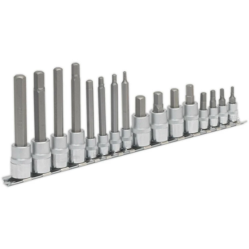 Image of Loops 16pc Hex Socket Bit Set - 1/4" 3/8" Square Drive 3mm to 10mm Long & Short Shaft Multi