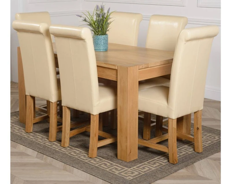 Image of Thats Furniture Kuba 150 x 85cm Medium Oak Dining Table & 6 Washington Leather Chairs in Cream Cream Unisex 150 x 85 cm