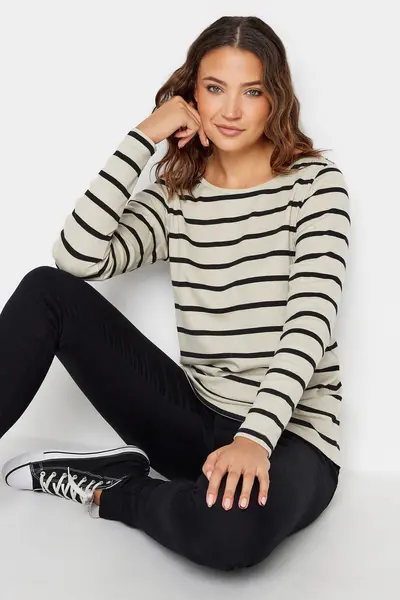 Image of Long Tall Sally Tall Long Sleeve Striped Cotton T-Shirt White
