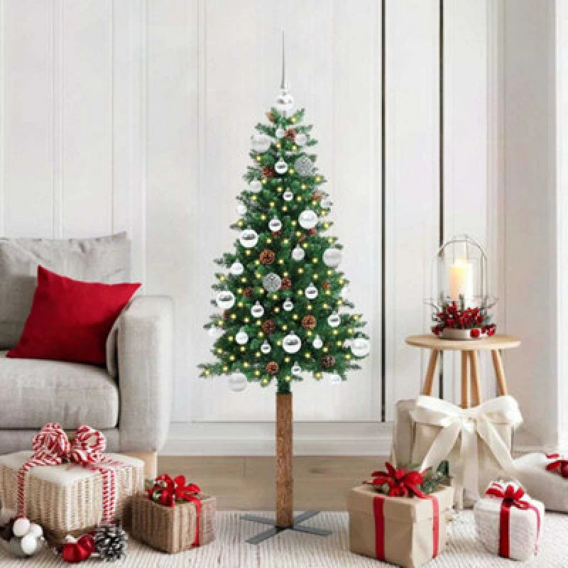 Image of vidaXL Slim Christmas Tree with Silver Balls Green 150cm PVC and Solid Pine wood, Green 3394856