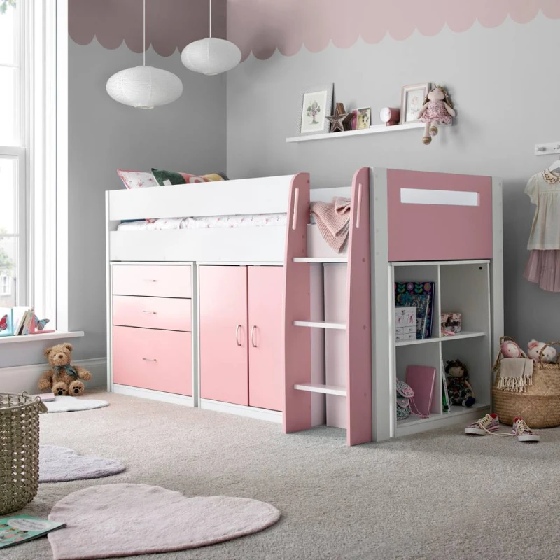 Image of Bedmaster Lacy Storage Mid Sleeper Bed And Memory Foam Mattress Pink