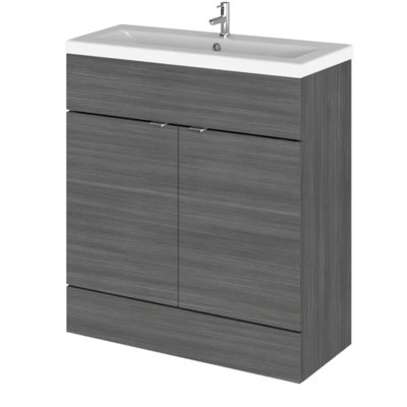 Image of Hudson Reed Fusion Floor Standing 2 Door Vanity Unit & Ceramic Basin, Sink Vanity Unit, Anthracite Woodgrain, 800mm