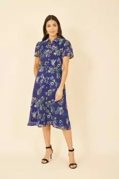 Image of Navy Bird Print Midi Shirt Dress