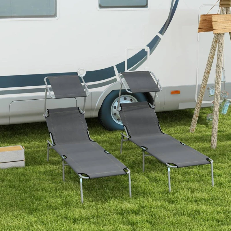 Image of Outsunny Folding Sun Lounger Set of 2 w/ Sunshade Adjustable Backrest Grey 84B-001V01GY