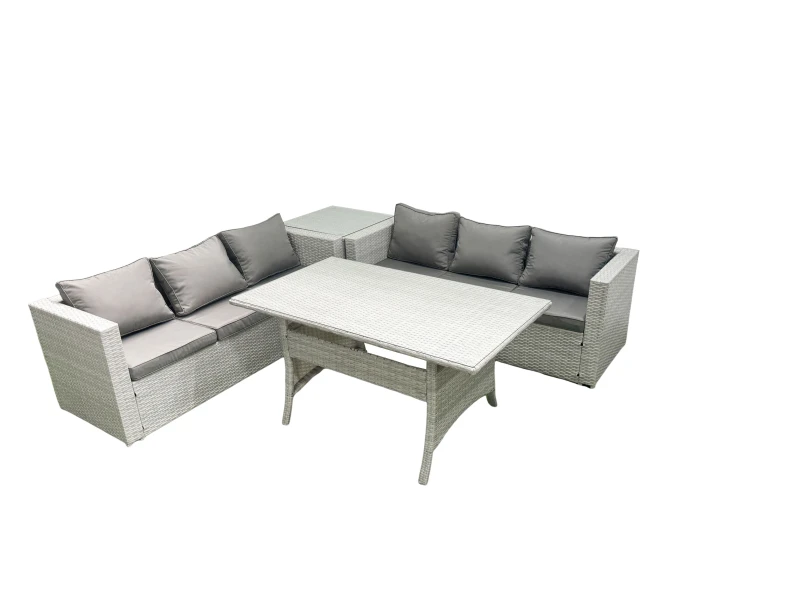 Image of Fimous Rattan Garden Furniture Set 6 Seater Outdoor Sofa Set with Dining Table Side Table Light Grey Mixed Light Grey