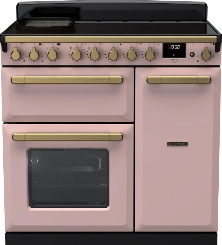 Image of Rangemaster Estel Deluxe ESDL90EIPPPK/AB1 90cm Electric Range Cooker with Induction Hob - Pale Pink / Antique Brass - A/A Rated