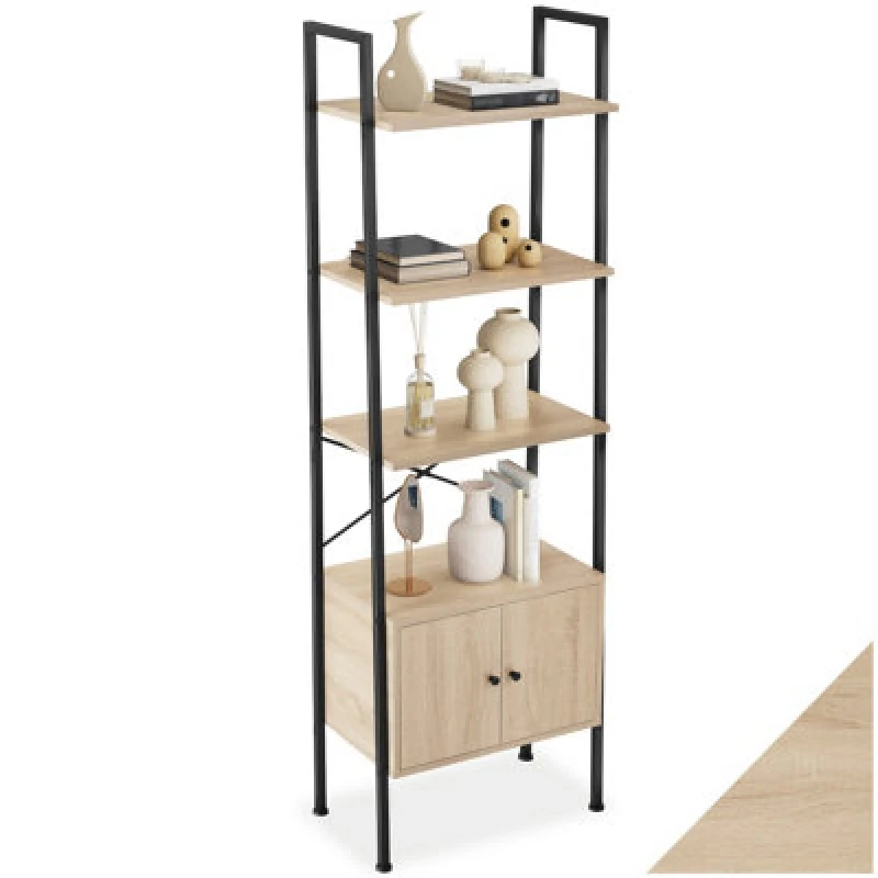 Image of Tectake Ladder Shelf Brentwood - Industrial Style, 4 Levels, 2 Cupboards 57.5 X 34 X 173cm - Industrial Wood Light, Oak Sonoma