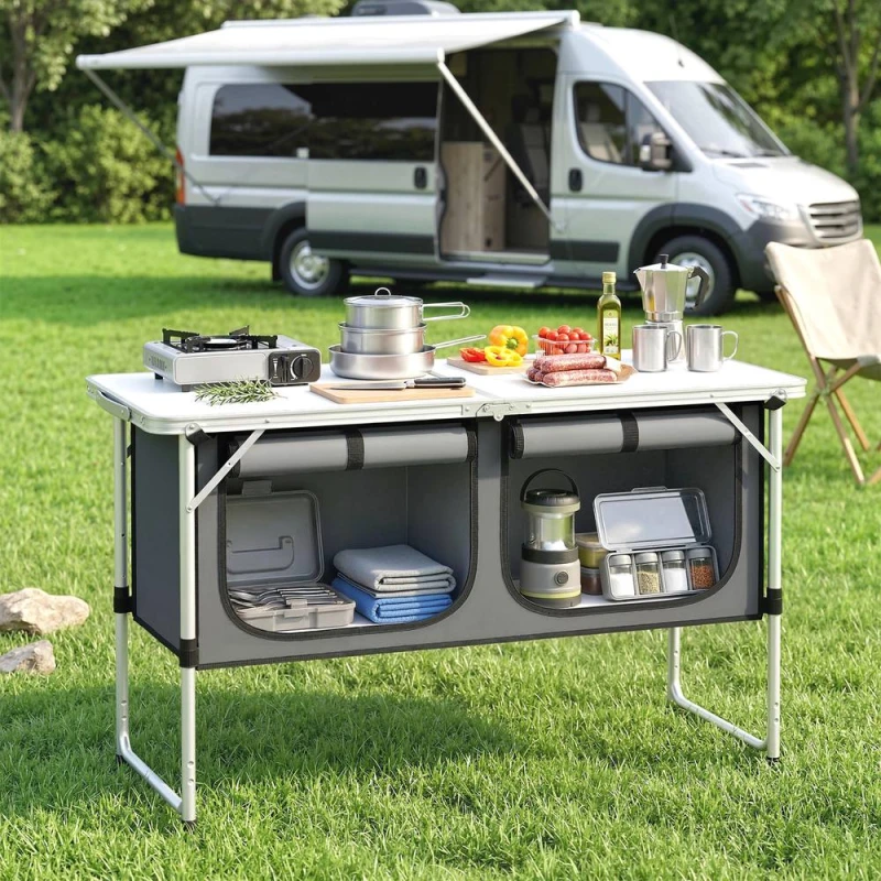 Image of OUTSUNNY Camping Cupboards Folding Portable with Storage in Silver Silver Unisex