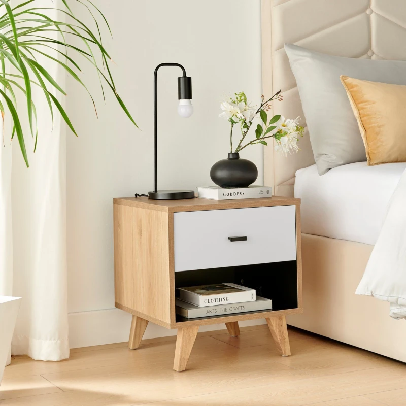 Image of FurnitureboxUK FurnitureboxUK Bisset Off-White & Wood Effect Storage Bedside Table in Off White Off White One Size Unisex 5060661187613
