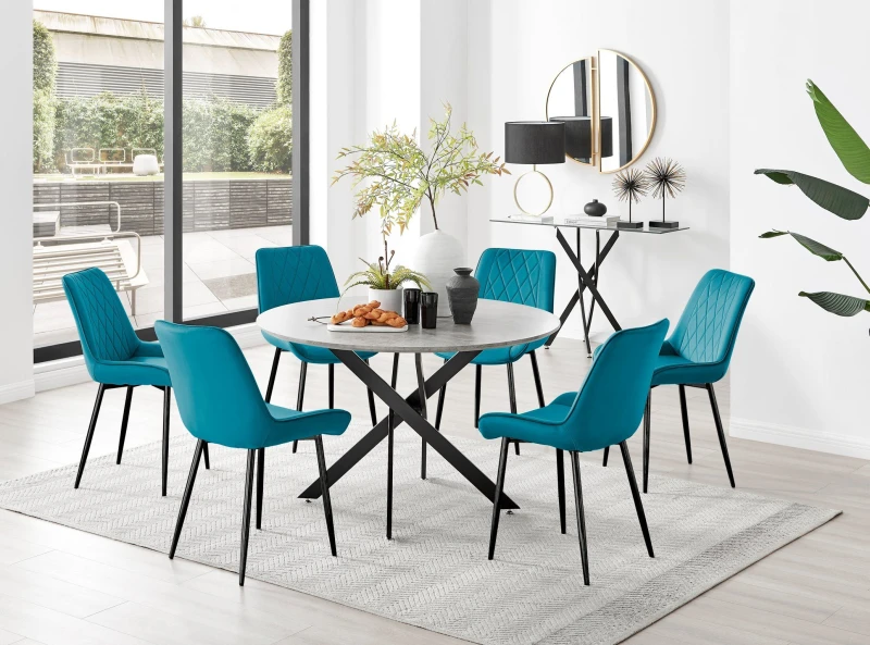 Image of FurnitureboxUK FurnitureboxUK Novara Grey Concrete Effect Black Leg 120cm Round Dining Table & 6 Pesaro Black Leg Chairs in Blue Blue One Size Unisex