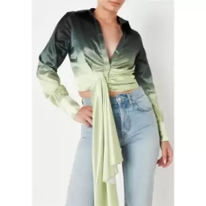Image of Missguided Ombre Ruched Draped Cropped Satin Shirt - Green