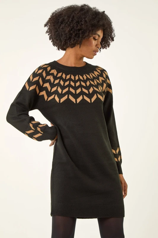 Image of Roman Womens Chevron Stretch Knit Jumper Dress in Camel Size: 16 Camel Female 16