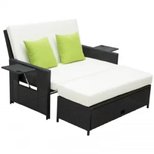 Image of Outsunny Rattan 2-Seater Sofa Sun Lounger Bed-Black