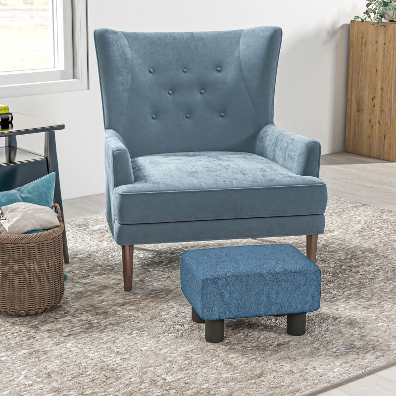 Image of HOMCOM Footstool Ottoman Footrest Linen Fabric Upholstery With Plastic Legs Blue 833-666V74BU