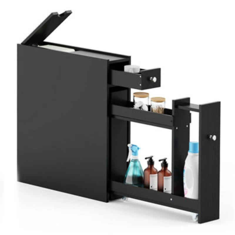 Image of Vonhaus Slim Bathroom Storage Unit, Black Slimline Bathroom Cabinet, Narrow & Compact Organiser With Drawers, Shrewsbury