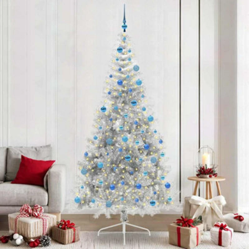 Image of vidaXL Artificial Pre-lit Christmas Tree with Blue Balls Silver 240cm PET, Silver 3397239