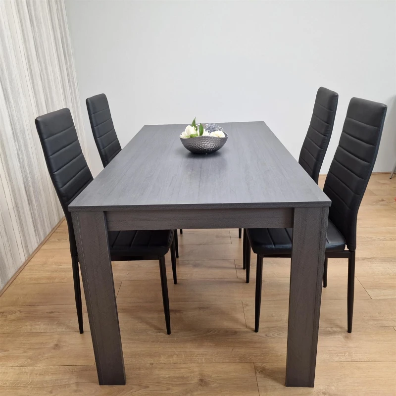 Image of KOSY KOALA Dining Table and 4 Chairs Black Dark Grey Leather Chairs Wood Dining Set Furniture Arrow Charcoal 117 + 4 Black metal chairs