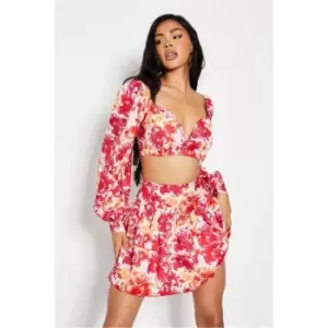 Image of I Saw It First Pink Woven Floral Print Balloon Sleeve Crop Top - Pink