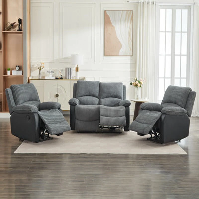 Image of Electric Reclining Sofa Set, Corduroy Fabric Recliner Sectional Sofa Suite - 1+1+2 Sofa Set