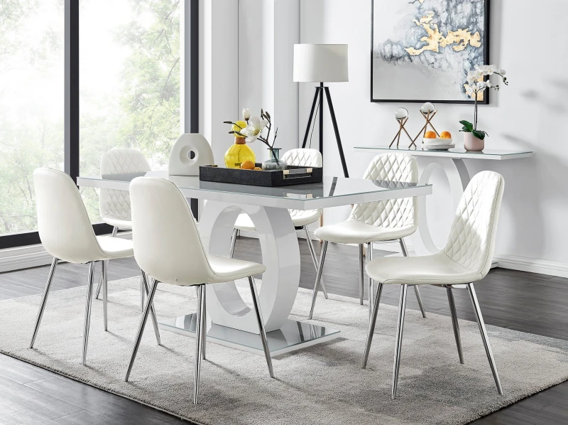 Image of FurnitureboxUK FurnitureboxUK Giovani 6-Seater Grey Glass Dining Table and 6 Corona Faux Leather Dining Chairs in White White One Size Unisex 50565426