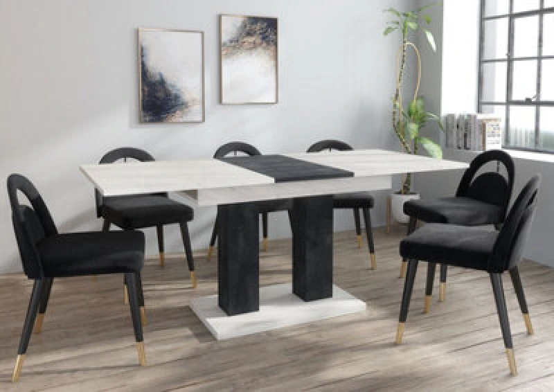 Image of Furneo Modern Dining Table Extendable 140-180Cm White Marble & Black Concrete Effect Theo 05