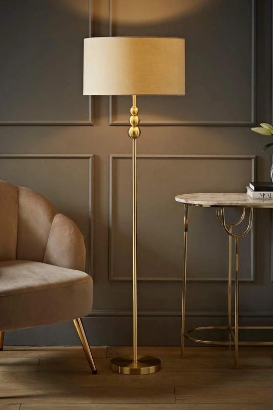 Image of ValueLights ValueLights Marissa Fabric Drum Shade with Brushed Gold Stacked Ball Floor Lamp in Nude Nude One Size Unisex 5059406046407