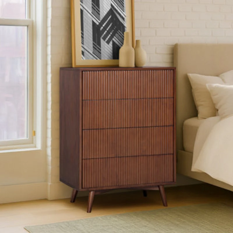 Image of Teamson Home Tremolo Chest Of Drawers 4 Fluted Push-Open Drawer Bedroom Dresser, Walnut