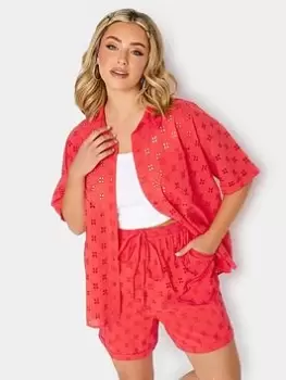 Image of Yours Anglaise Short Sleeve Shirt Coral Co Ord, Orange, Size 30-32, Women