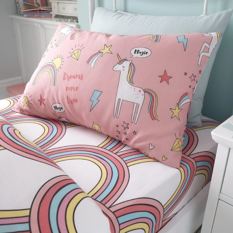 Image of Happy Linen Company Kids Unicorns Rainbows Pink Fitted Sheet Pink