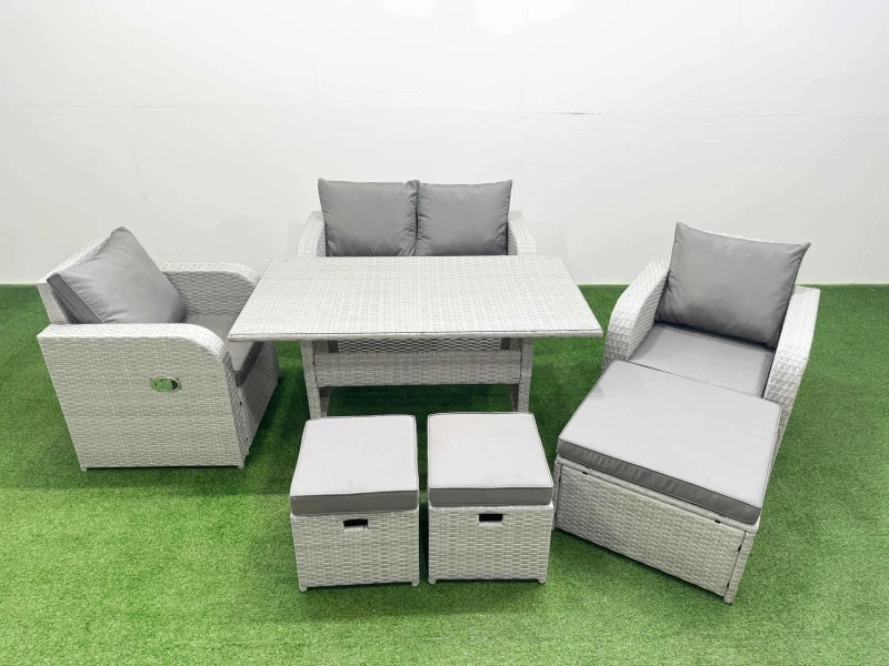 Image of Fimous Light Grey PE Wicker Rattan Garden Furniture Set Sofa Set Reclining Chair Rectangular Dining Table 7 Seater 3 Stools Light Grey