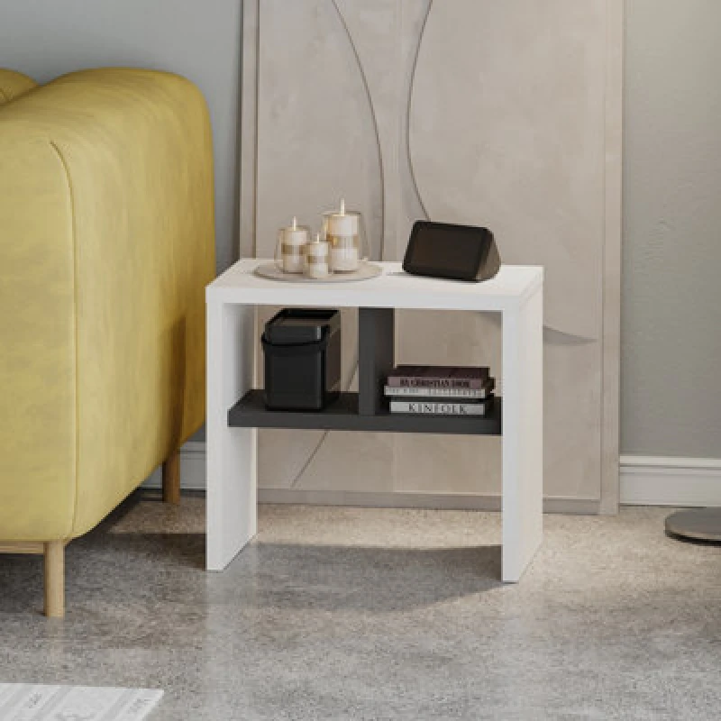 Image of Decortie Modern Komoti Side End Table White-Anthracite With Open Shelf Storage Space Versatile C-Table Living Room Engineered Wood