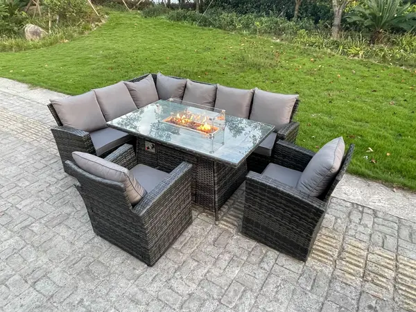 Image of Fimous 8 Seater Outdoor Dark Grey Rattan Lounge Complete Sofa Set with Gas Fire Pit Dining Table and Gas Heater