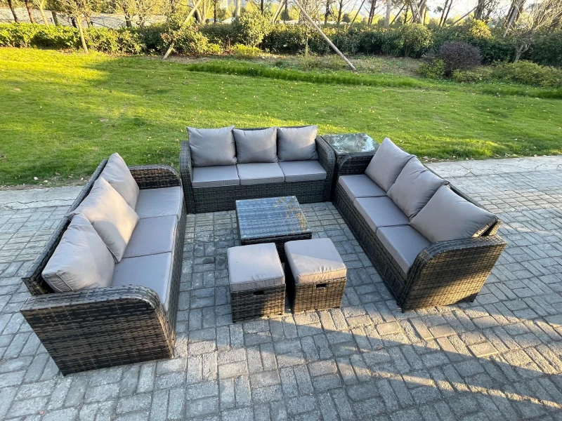 Image of Fimous Rattan Outdoor Furniture Set Patio Garden Sofa Set with Side Table Square Coffee Table 3 Seater Sofa Dark Grey Mixed Dark Grey