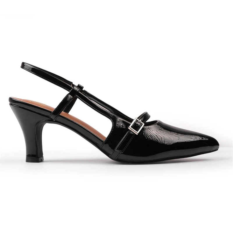 Image of Where's That From 'On Point' Mid Heel Slingback Sandals With Strap And Buckle Detail Black
