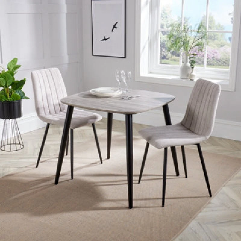 Image of Core Products Aspen Grey Oak Effect 80Cm Square Dining Table With 2 Natural Fabric Straight Stitch Design Chairs
