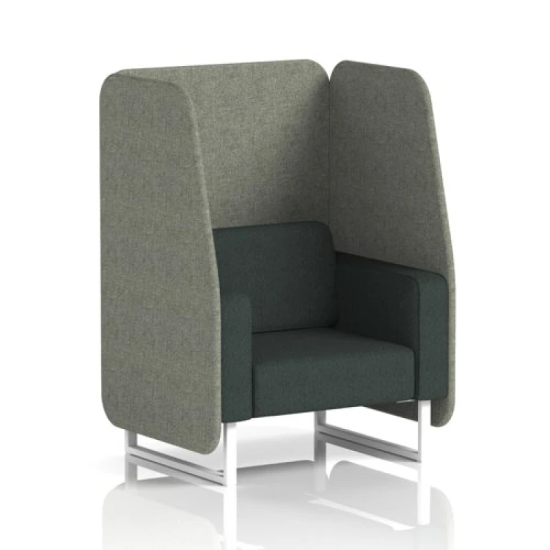 Image of Brixworth 1 Seater Open Office Booth with White Legs in Rivet Fabric - Vitreous Panels and Charcoal Sofa