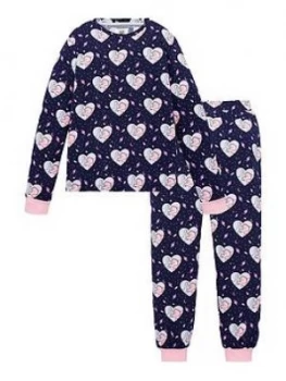 Image of Chelsea Peers Girls Heart & Dinosaur Print Pyjamas - Navy, Size 7-8 Years, Women