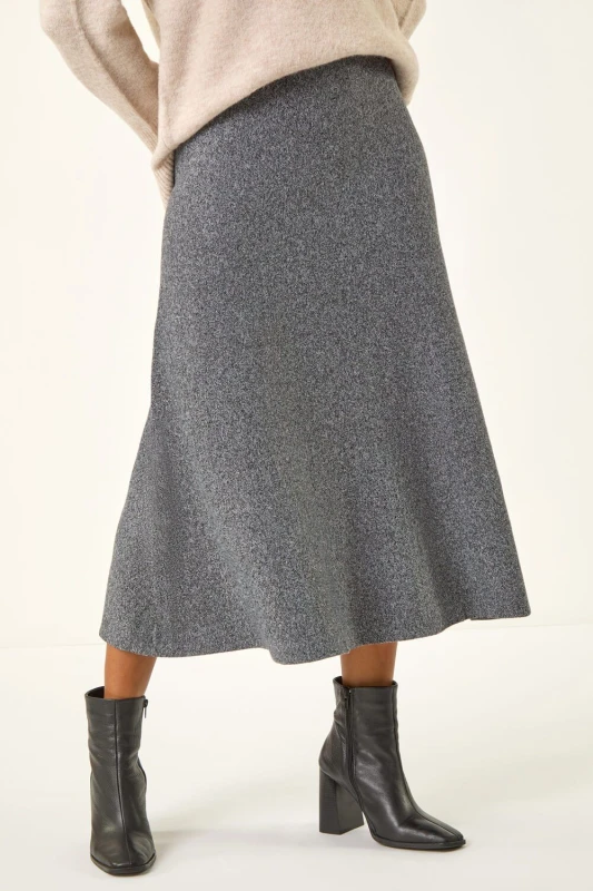 Image of Roman Womens Plain Elastic Waist Knitted A Line Midi Skirt in Grey Size: 14 Grey Female 14