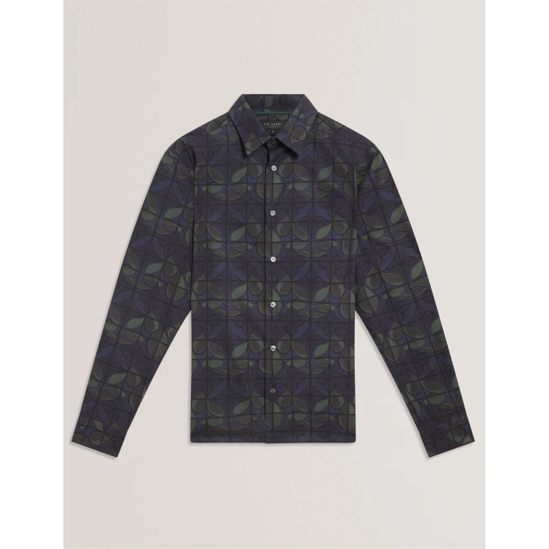 Image of Ted Baker Mens Long-Sleeve Floral Patterned Shirt Navy male S (2)