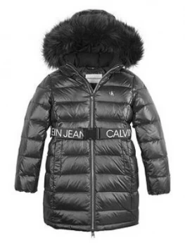 Image of Calvin Klein Jeans Girls Faux Fur Hooded Logo Belted Coat - Black