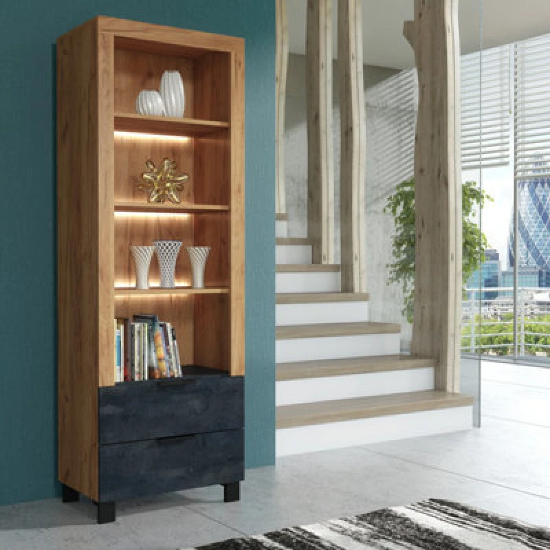 Image of Furneo Display Cabinet Oak & Black Concrete Effect Modern Storage Cupboard White LED Lights Enzo 08
