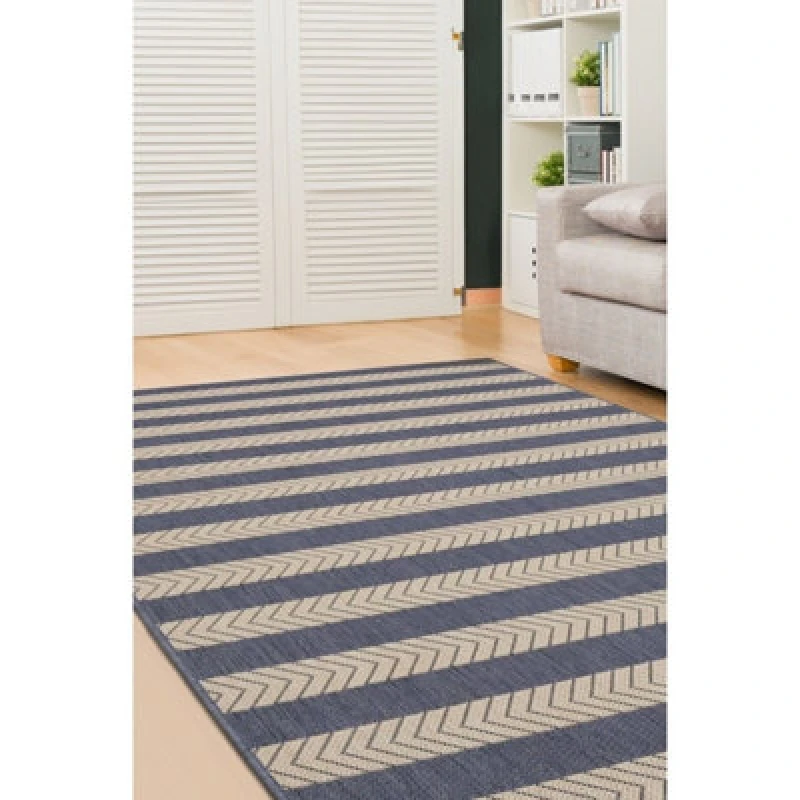 Image of Melrose Eden Navy Stripe Design Pile Height 3mm Indoor Outdoor Medium Area Rug - 120/170Cm