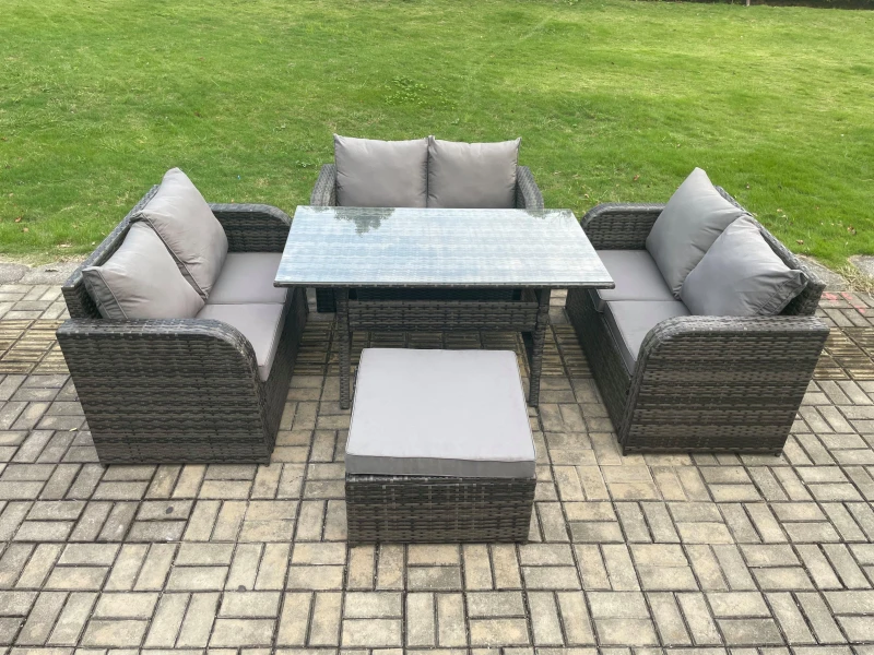Image of Fimous Wicker PE Rattan Sofa Outdoor Garden Furniture Set with Rectangular Dining Table Big Footstool Dark Grey Mixed Dark Grey Unisex